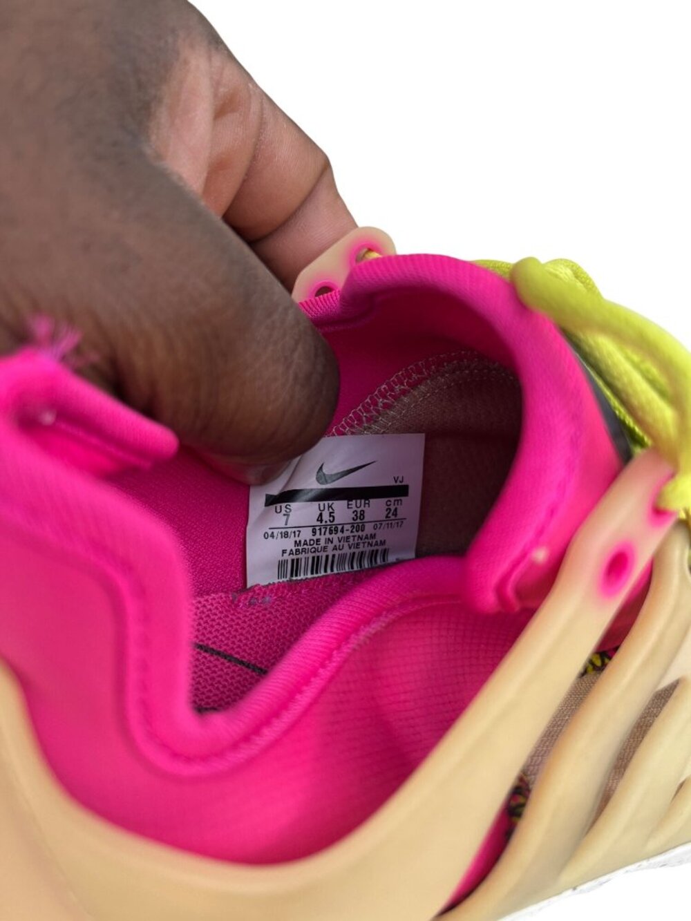 Nike Air Presto Beige Pink Neon Yellow Womens Running Shoes Size 7 - Picture 6 of 6